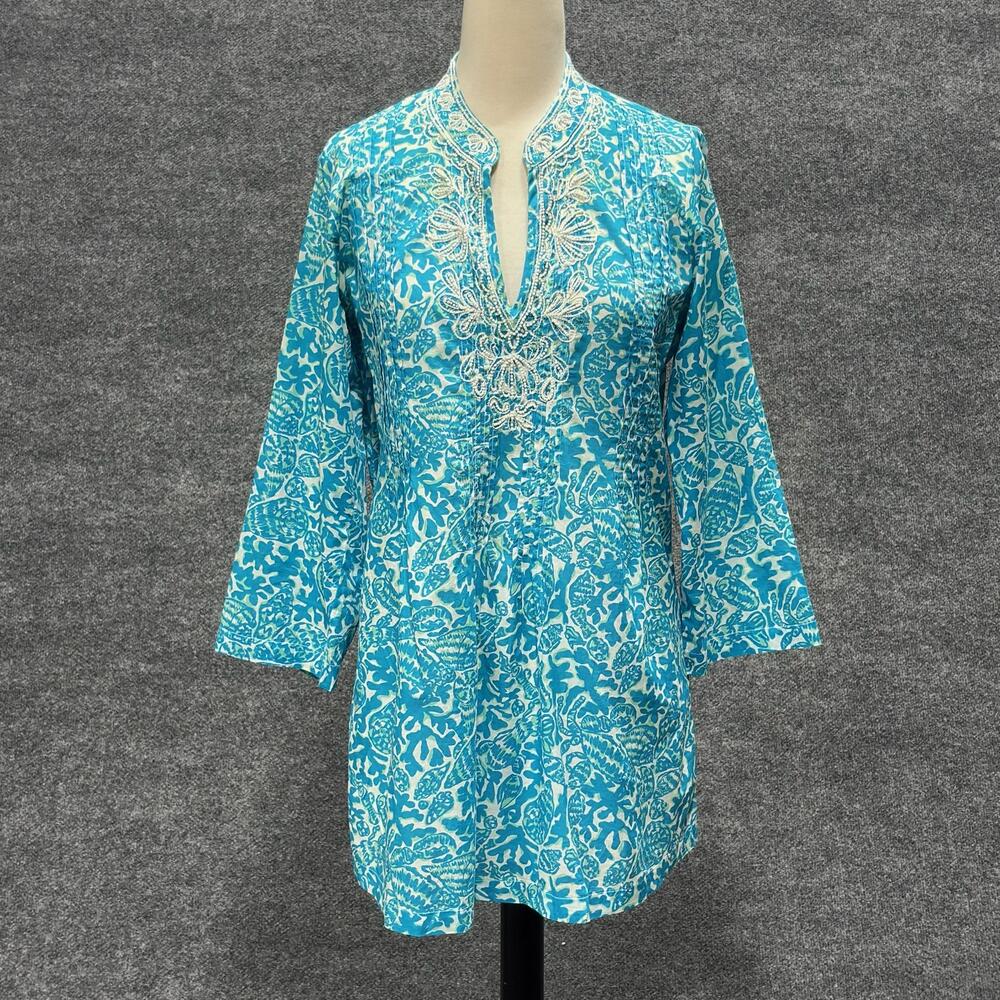 Lilly Pulitzer Blouse Womens M Blue White Embroidered Beaded V Neck Tunic Top